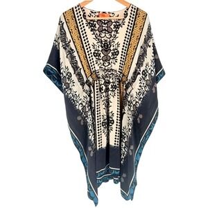 Hale Bob Silk Blend Kaftan Tunic Mini Kimono Boho Print Cream Gold Ethereal S